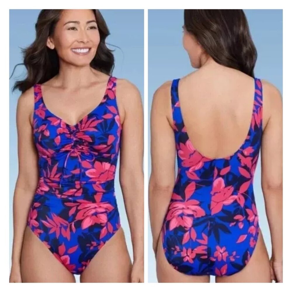 Aqua Green Blue & Pink‎ Floral Ruched One Piece Swimsuit S NWT
